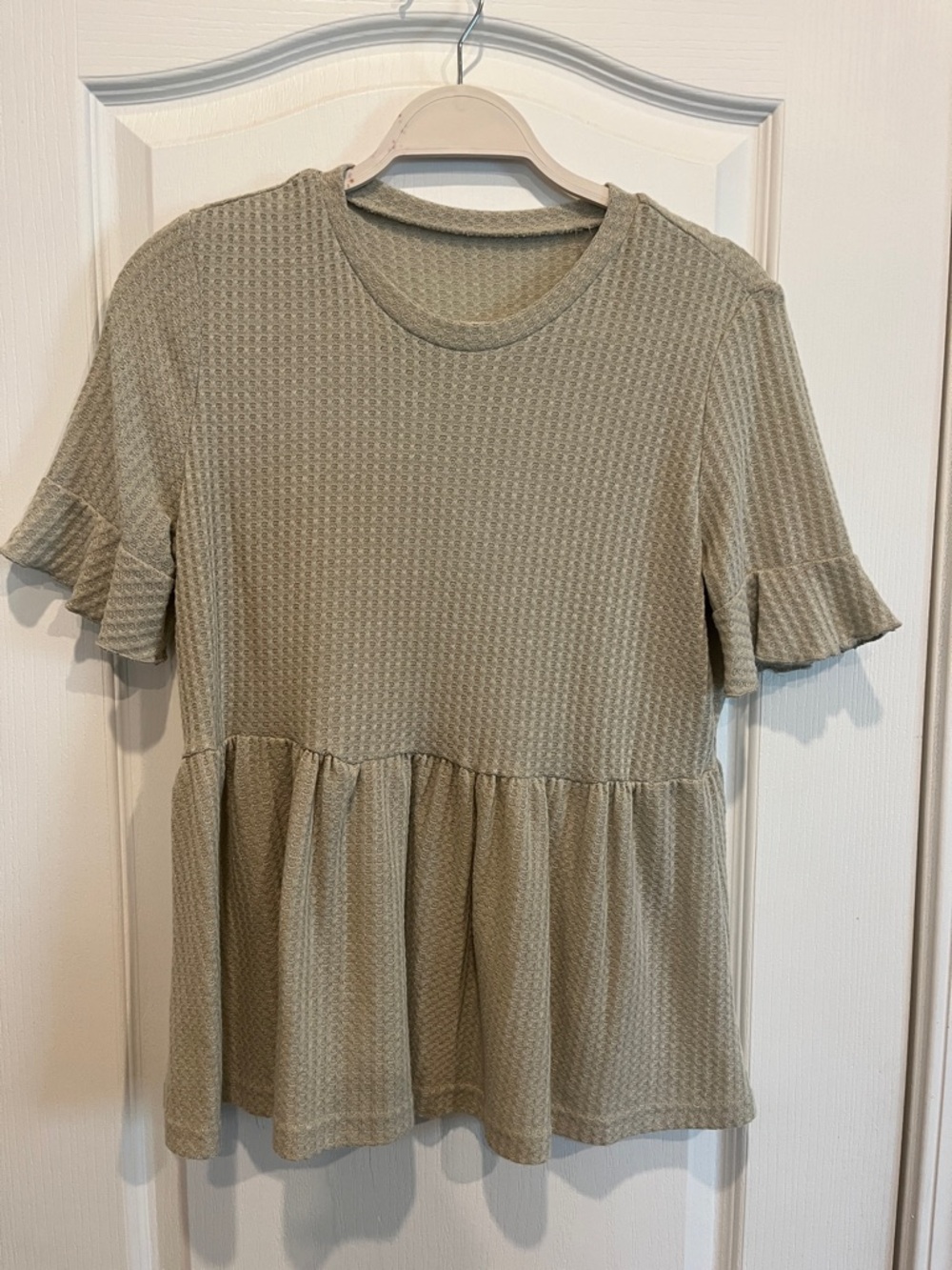SHEIN Sage Waffle Knit Peplum Top with Ruffle Sleeves